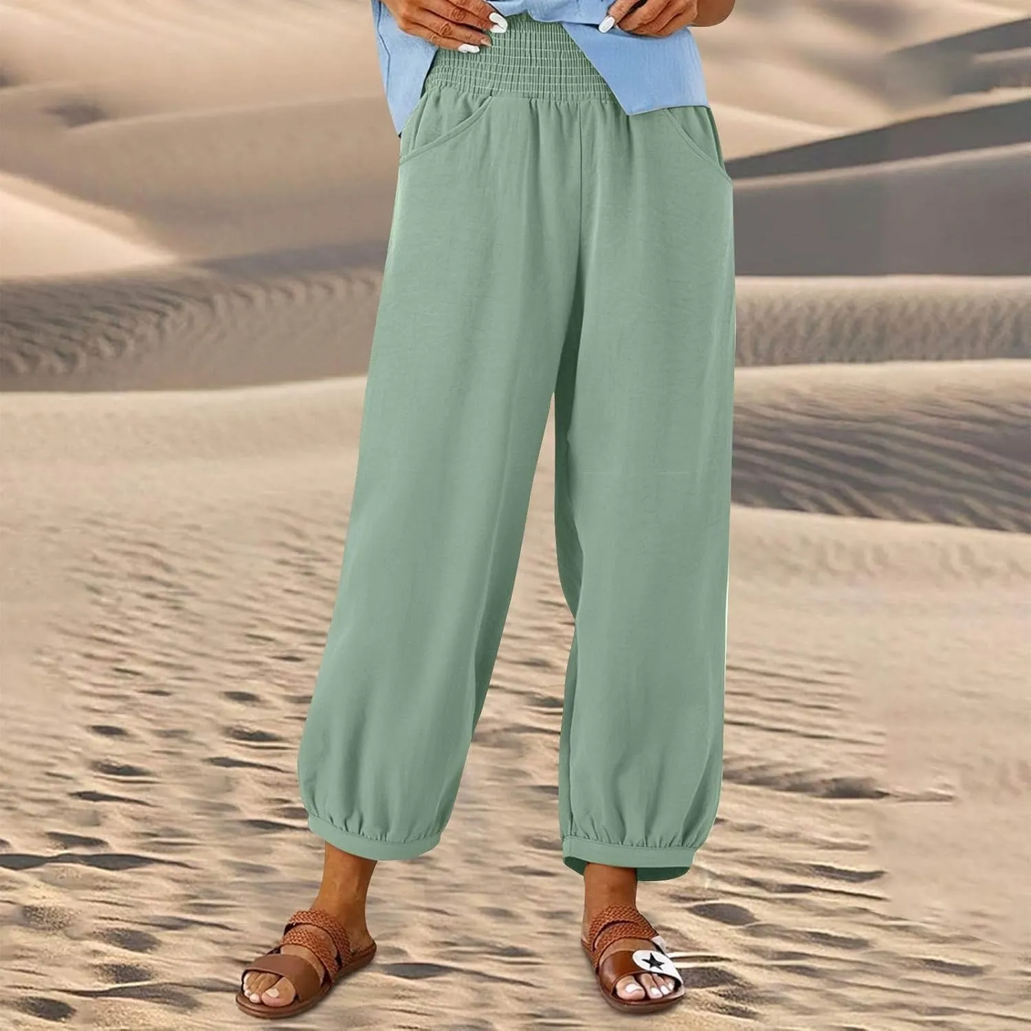 Women Linen Pants Summer Wide Leg High Waisted Loose Fit Pants Baggy Harem Palazzo Pant Beach Trousers with Pockets