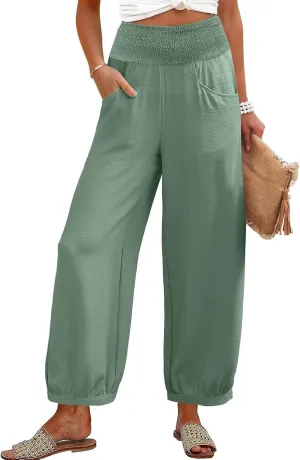 Women Linen Pants Summer Wide Leg High Waisted Loose Fit Pants Baggy Harem Palazzo Pant Beach Trousers with Pockets