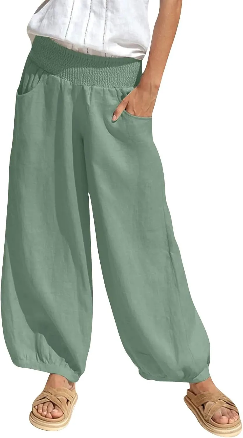 Women Linen Pants Summer Wide Leg High Waisted Loose Fit Pants Baggy Harem Palazzo Pant Beach Trousers with Pockets