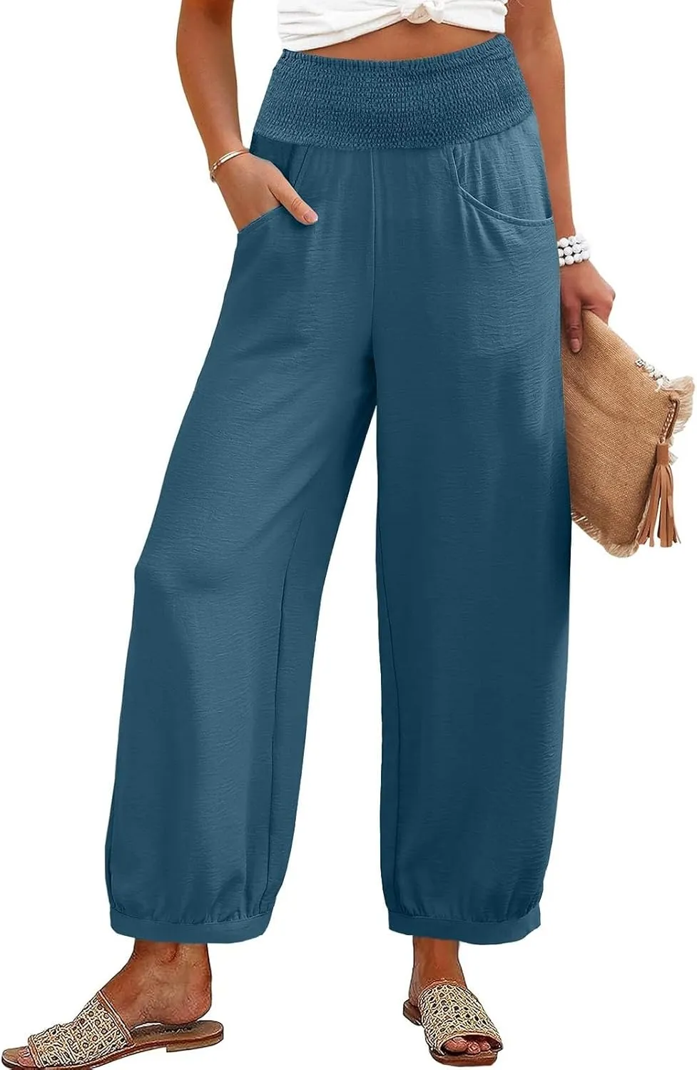 Women Linen Pants Summer Wide Leg High Waisted Loose Fit Pants Baggy Harem Palazzo Pant Beach Trousers with Pockets