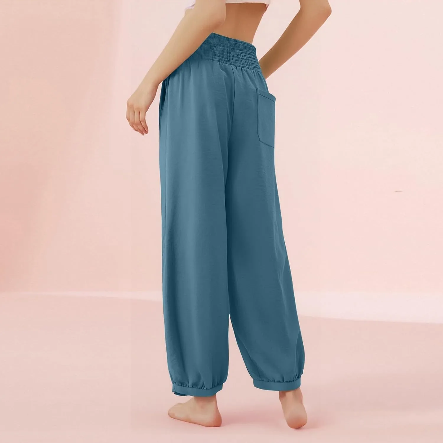 Women Linen Pants Summer Wide Leg High Waisted Loose Fit Pants Baggy Harem Palazzo Pant Beach Trousers with Pockets