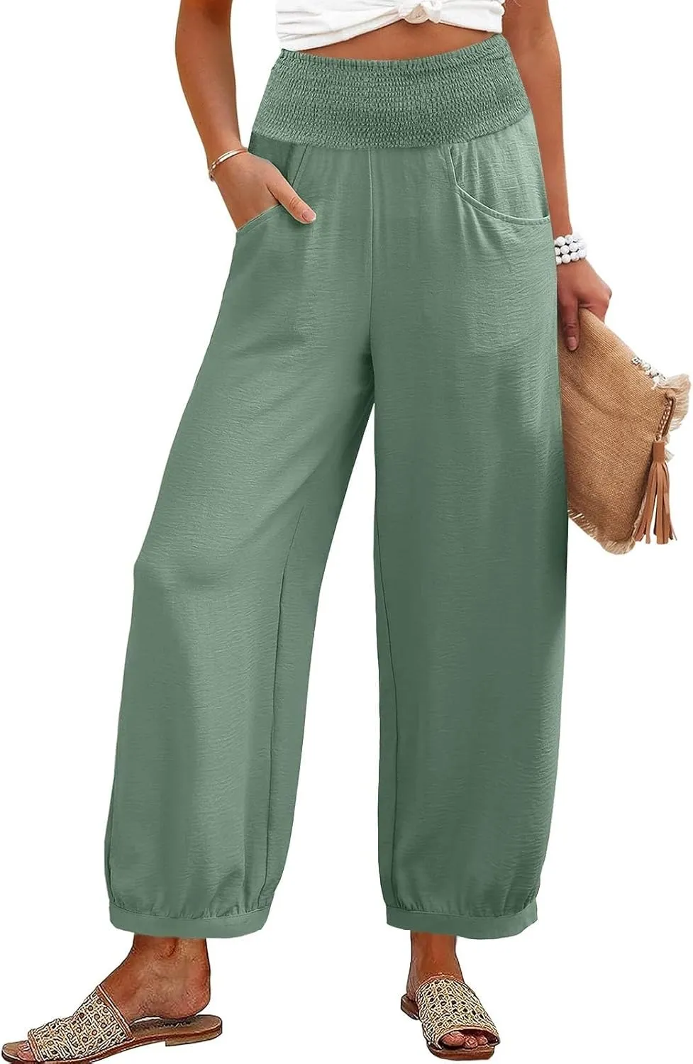 Women Linen Pants Summer Wide Leg High Waisted Loose Fit Pants Baggy Harem Palazzo Pant Beach Trousers with Pockets