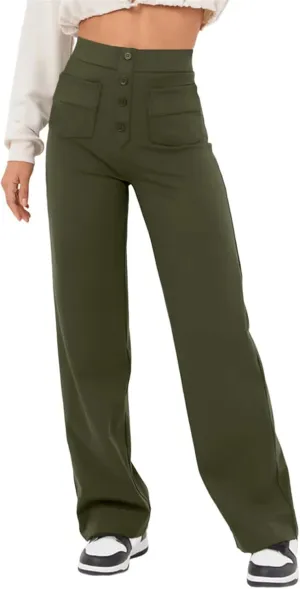 Women Pants 2025 Fashion High Waist Button Down Stretchy Work Pant Trousers Casual Straight Leg Pants with Pockets