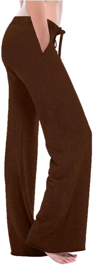 Women Straight Leg Pants Breathable Hollow Out Eyelets Wide Leg Pants Drawstring High Waist Pant Casual Yoga Trousers
