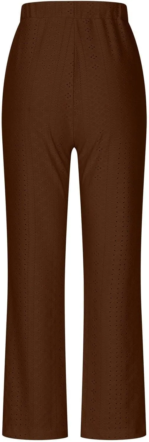 Women Straight Leg Pants Breathable Hollow Out Eyelets Wide Leg Pants Drawstring High Waist Pant Casual Yoga Trousers