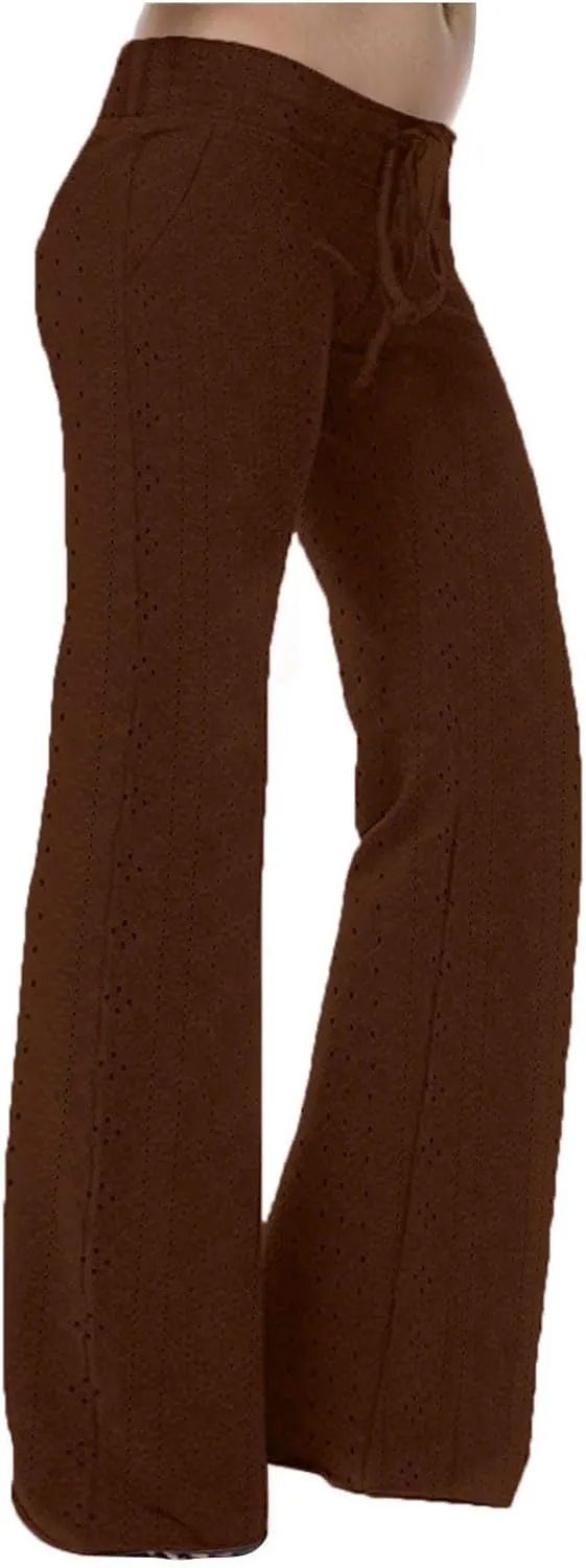 Women Straight Leg Pants Breathable Hollow Out Eyelets Wide Leg Pants Drawstring High Waist Pant Casual Yoga Trousers