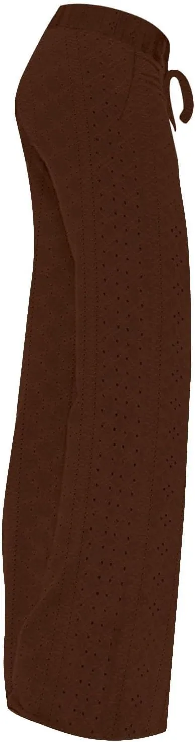 Women Straight Leg Pants Breathable Hollow Out Eyelets Wide Leg Pants Drawstring High Waist Pant Casual Yoga Trousers