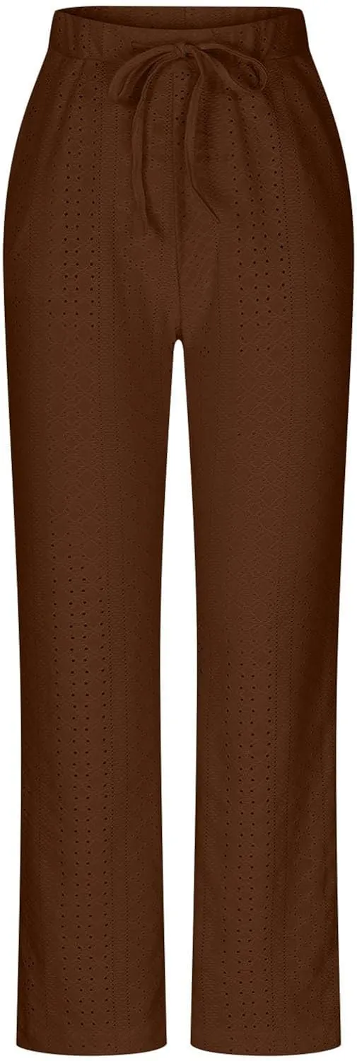 Women Straight Leg Pants Breathable Hollow Out Eyelets Wide Leg Pants Drawstring High Waist Pant Casual Yoga Trousers