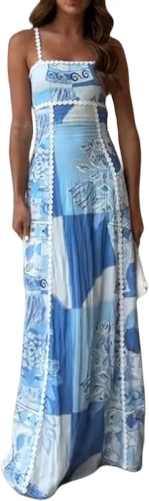 Women Vintage Floral Print Long Dress Sleeveless Tie Back High Waist Aline Maxi Dress Spaghetti Strap Boho Beach Dresses