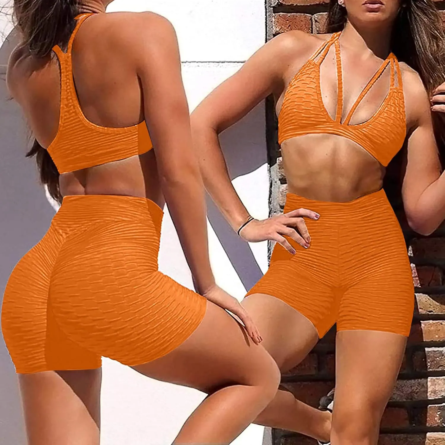 Women Workout Shorts Brazilian Textured Booty Leggings Shorts High Waisted Workout Scrunch Bottom Shorts