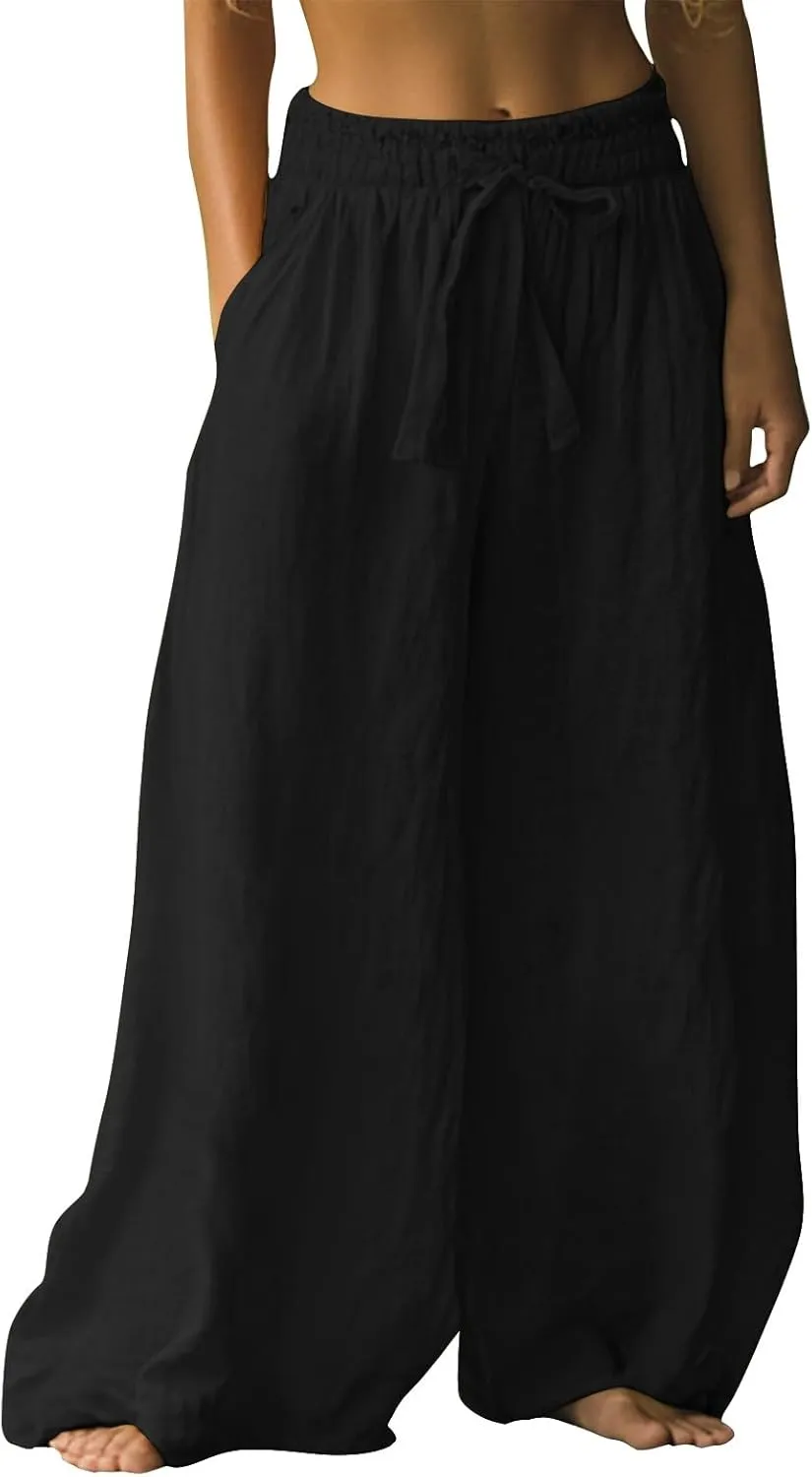 Women's 2025 Linen Palazzo Pants High-Waisted Wide Leg with Side Pockets Summer Beach Lounge Trousers