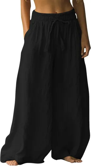 Women's 2025 Linen Palazzo Pants High-Waisted Wide Leg with Side Pockets Summer Beach Lounge Trousers