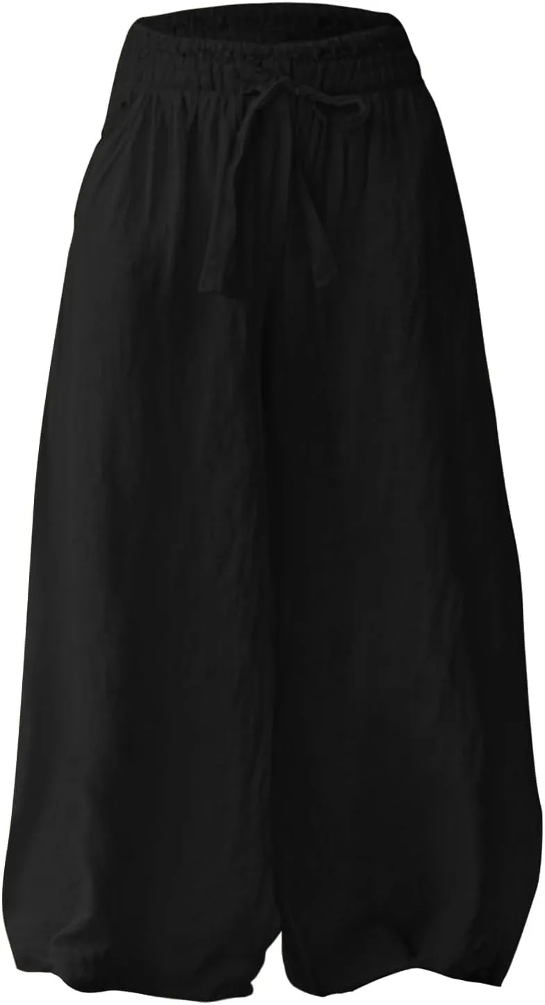 Women's 2025 Linen Palazzo Pants High-Waisted Wide Leg with Side Pockets Summer Beach Lounge Trousers