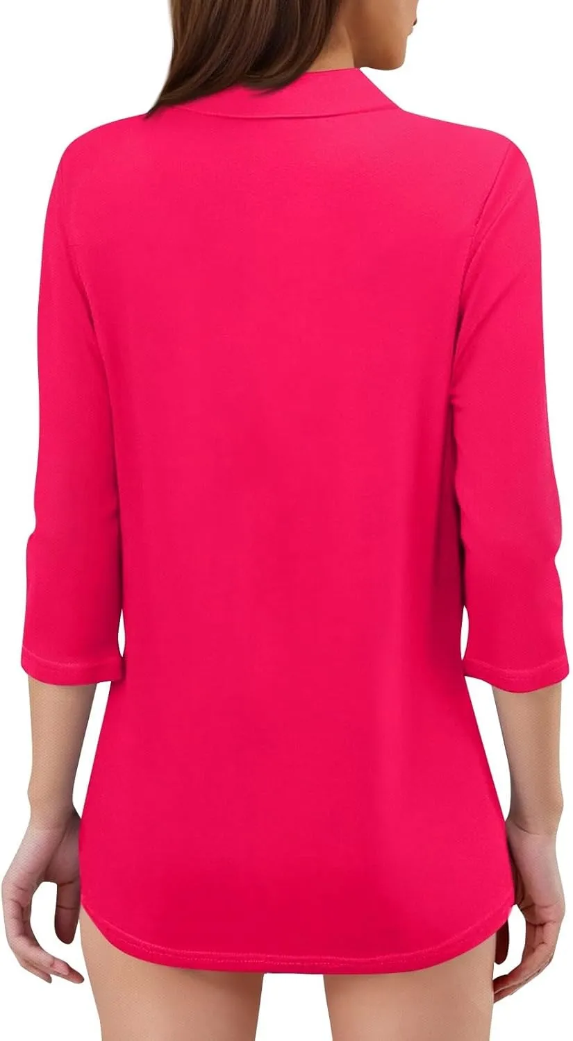Women's 3/4 Sleeve V-Neck Collared Tops Summer Business Casual Work Polo Shirts 2025 Trendy Loose Fit Basic Tees