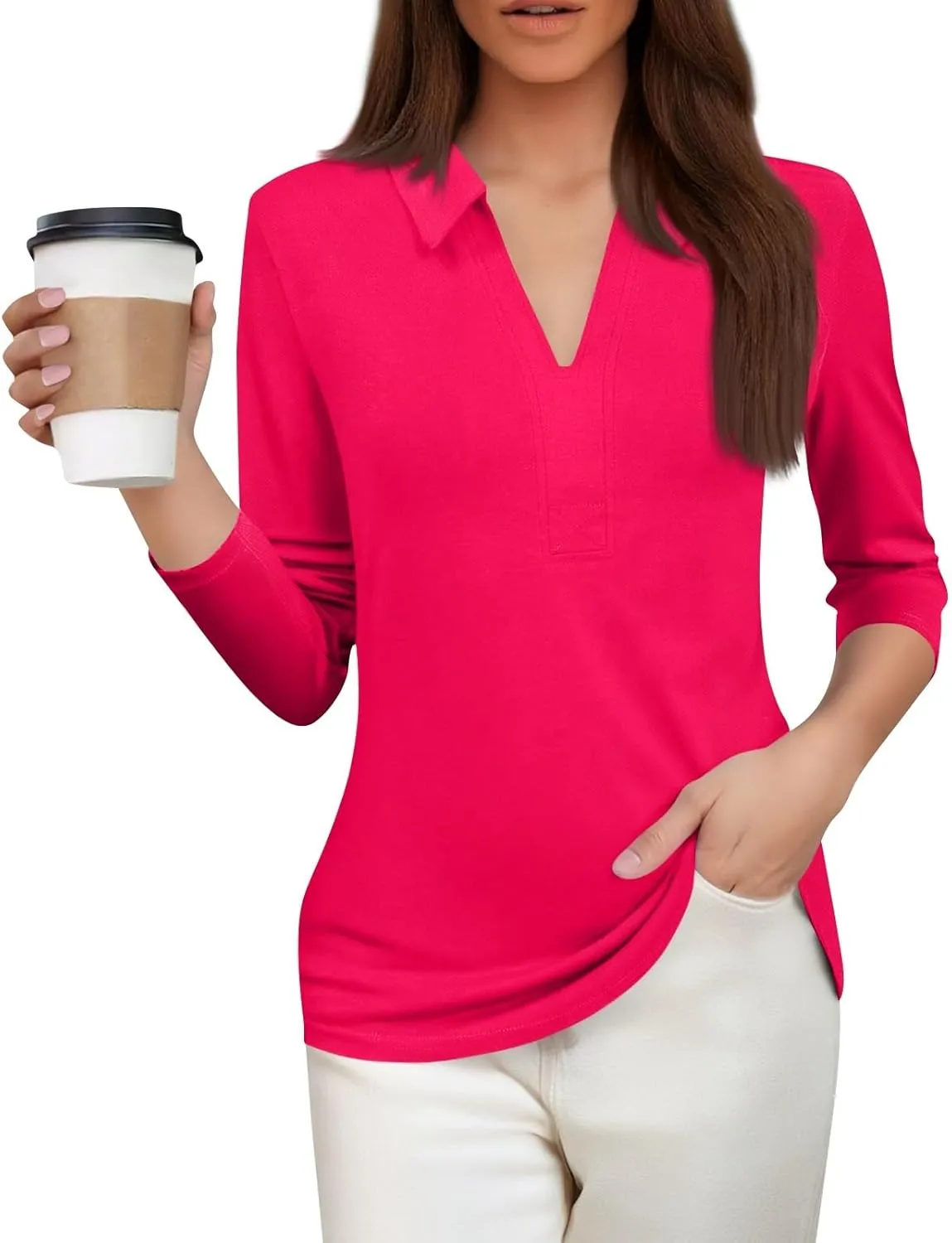 Women's 3/4 Sleeve V-Neck Collared Tops Summer Business Casual Work Polo Shirts 2025 Trendy Loose Fit Basic Tees