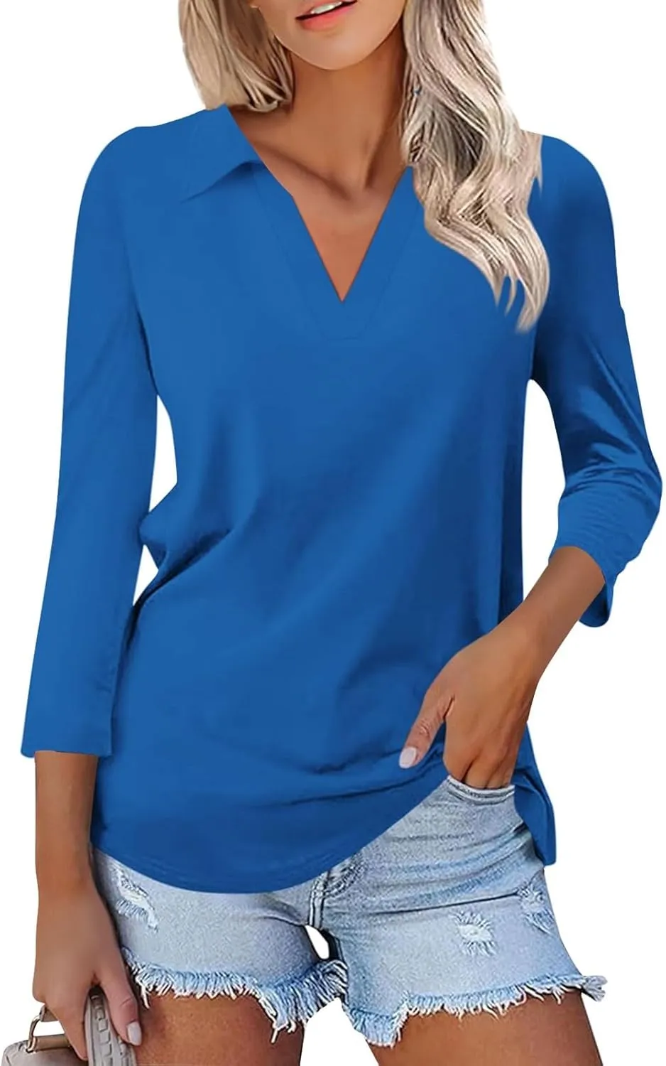 Women's 3/4 Sleeves V Neck Polo Shirts Dressy Casual Summer Work Tops Basic Collar Cute Tees