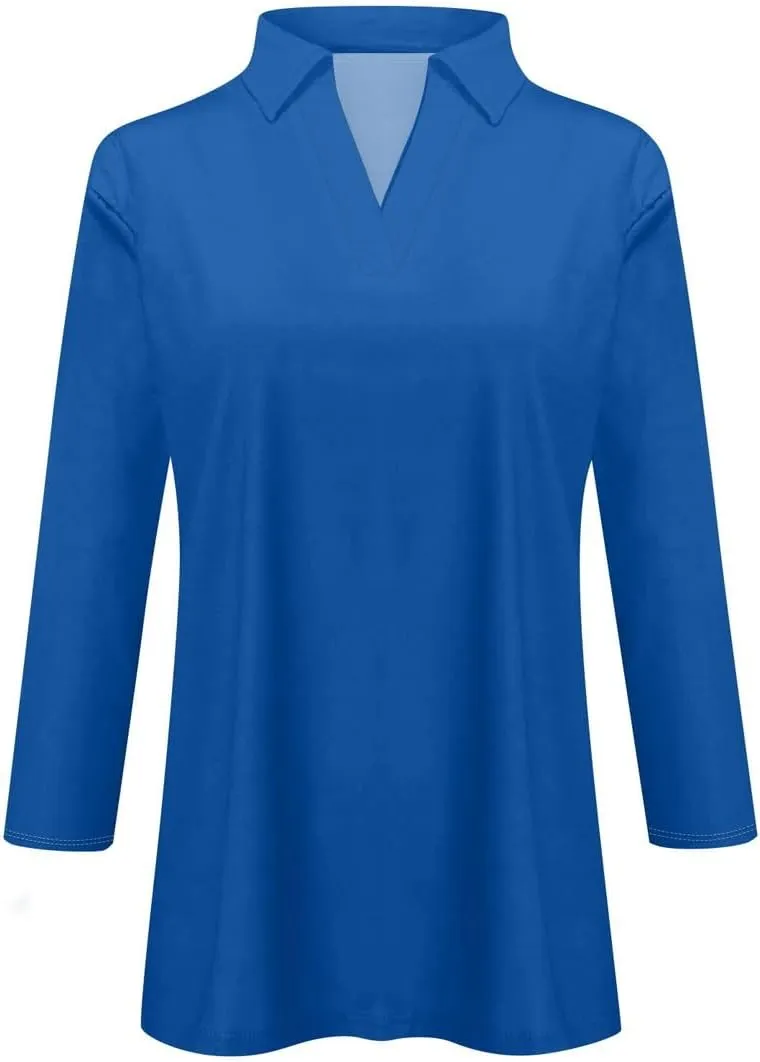 Women's 3/4 Sleeves V Neck Polo Shirts Dressy Casual Summer Work Tops Basic Collar Cute Tees