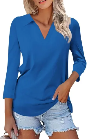 Women's 3/4 Sleeves V Neck Polo Shirts Dressy Casual Summer Work Tops Basic Collar Cute Tees