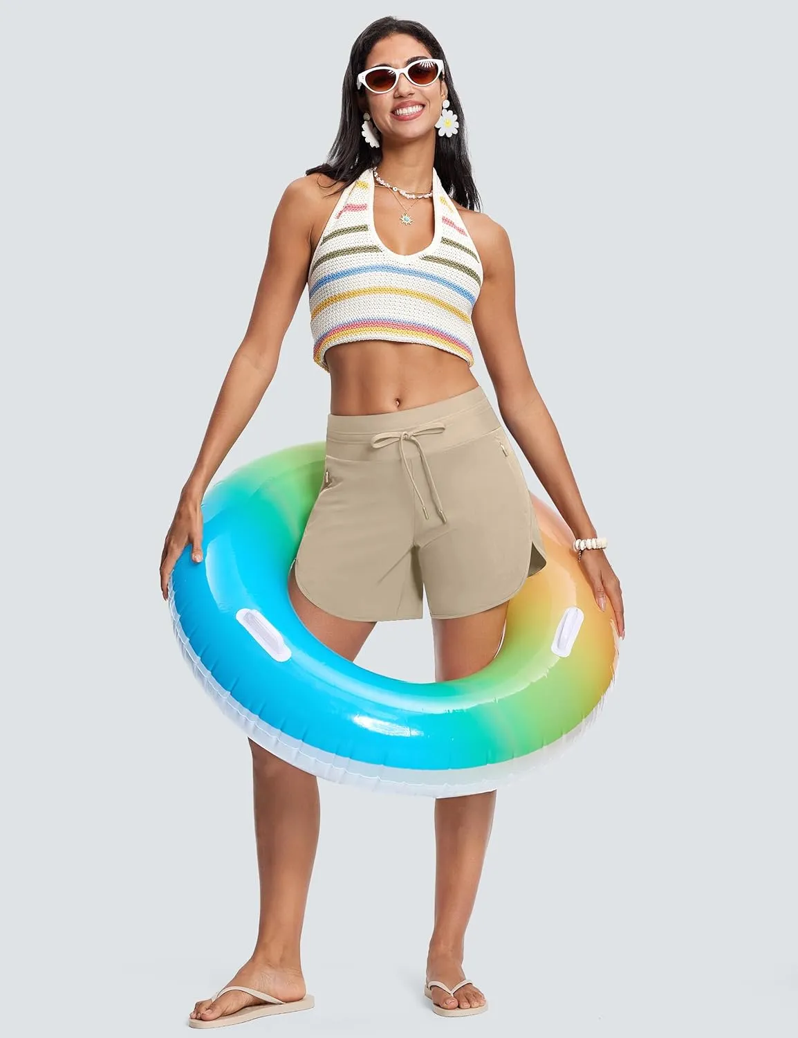 Womens 5.5" Swim Shorts High Waisted Board Shorts with Pockets Quick Dry UPF 50  Beach Shorts with Liner