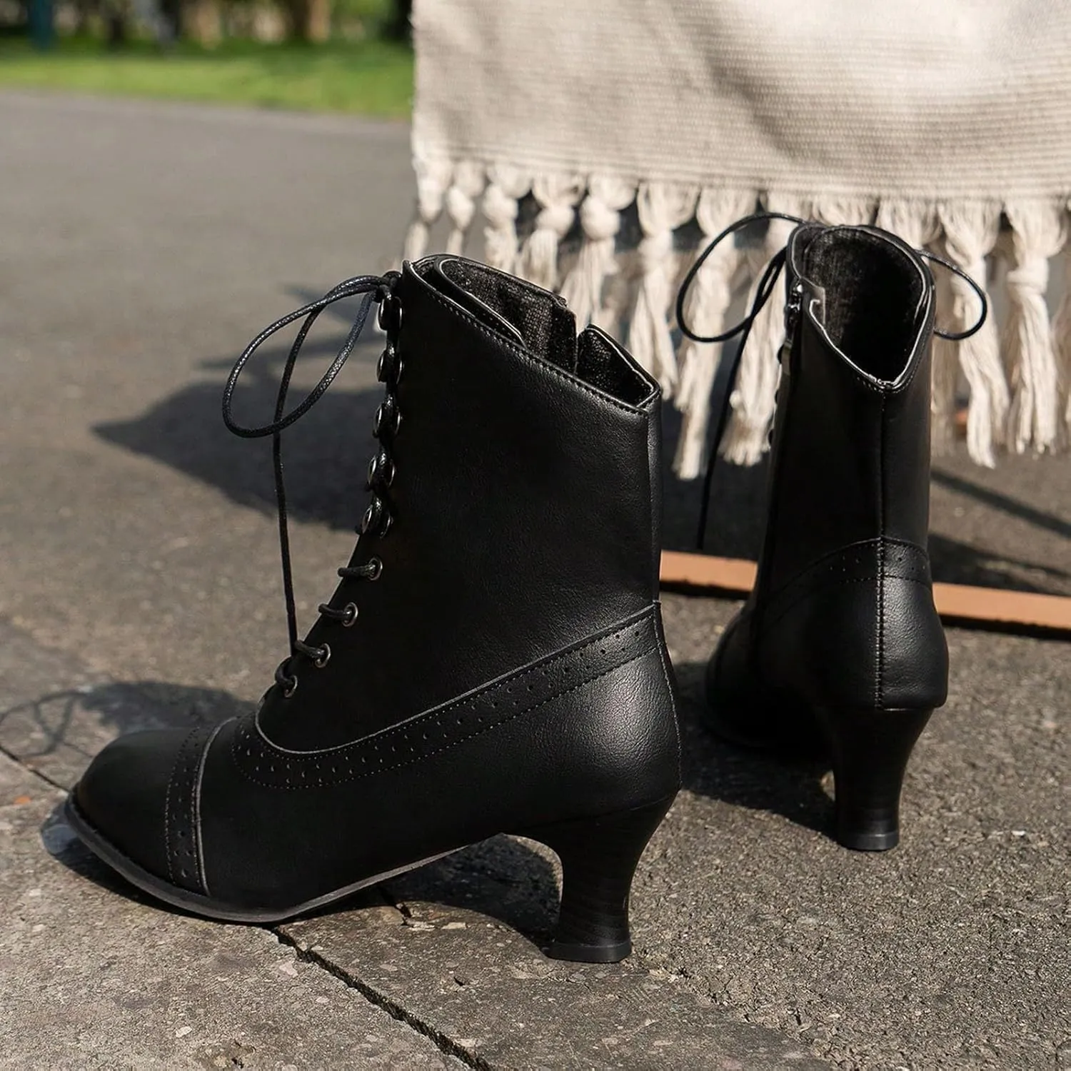 Womens Ankle Boots Wide Calf,Mid Heel Victorian Boots Vintage Lace Up Dance Booties Cosplay Witch Shoes for Women