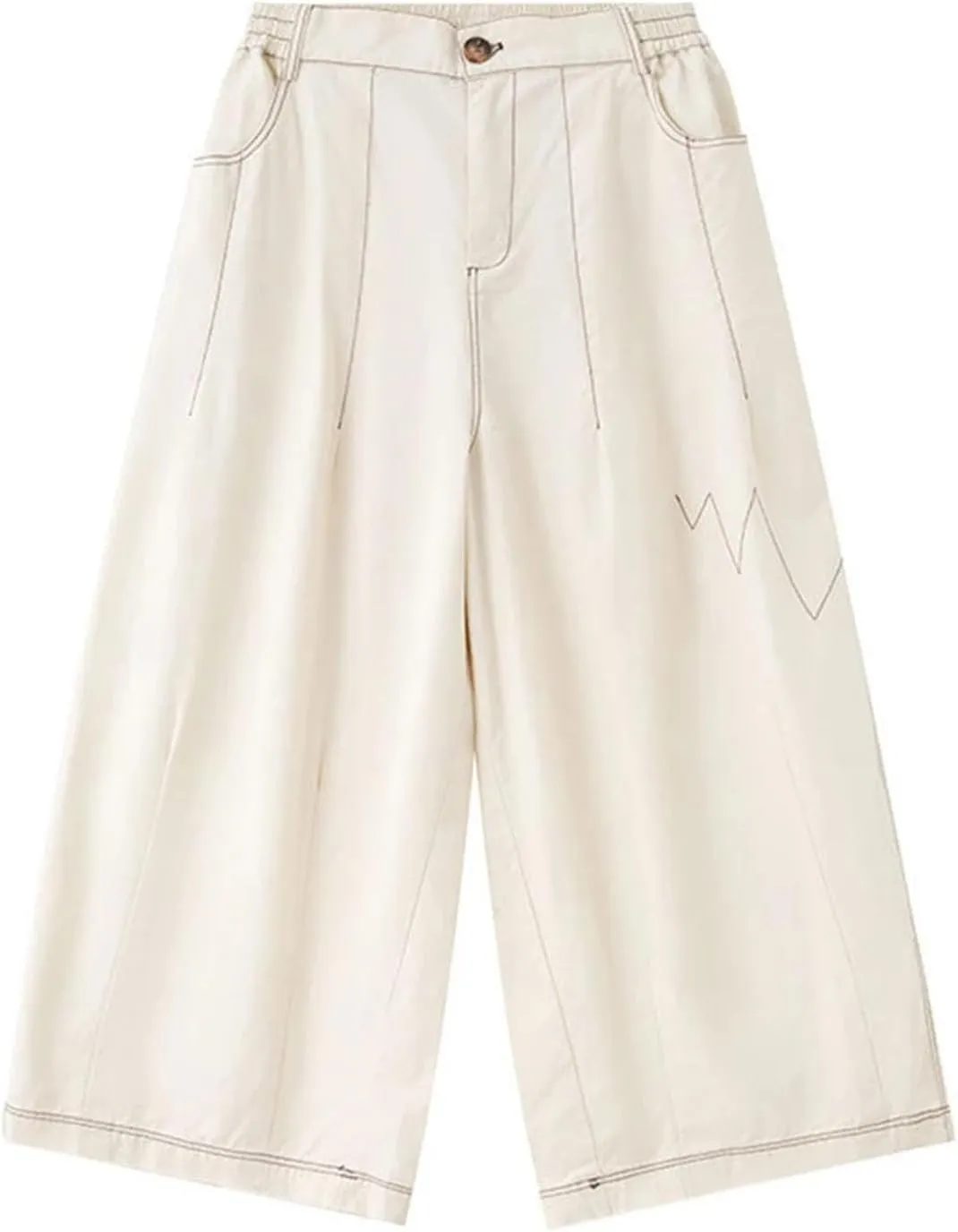 Womens Beige Topstitched Wide-Leg Pants High Elastic Waist Year-Round Office Trousers