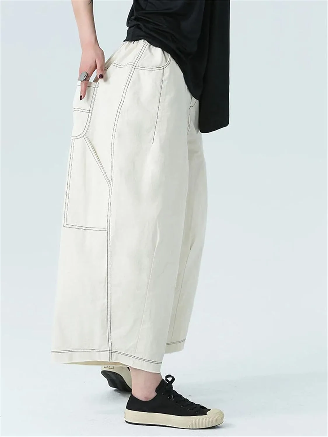 Womens Beige Topstitched Wide-Leg Pants High Elastic Waist Year-Round Office Trousers
