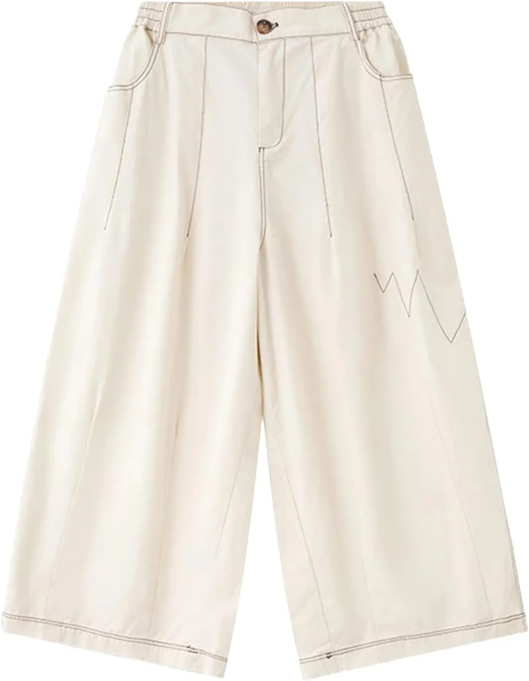 Womens Beige Topstitched Wide-Leg Pants High Elastic Waist Year-Round Office Trousers