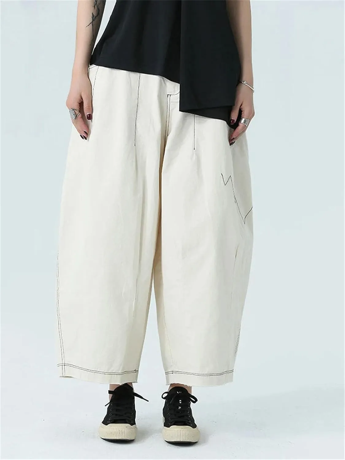 Womens Beige Topstitched Wide-Leg Pants High Elastic Waist Year-Round Office Trousers