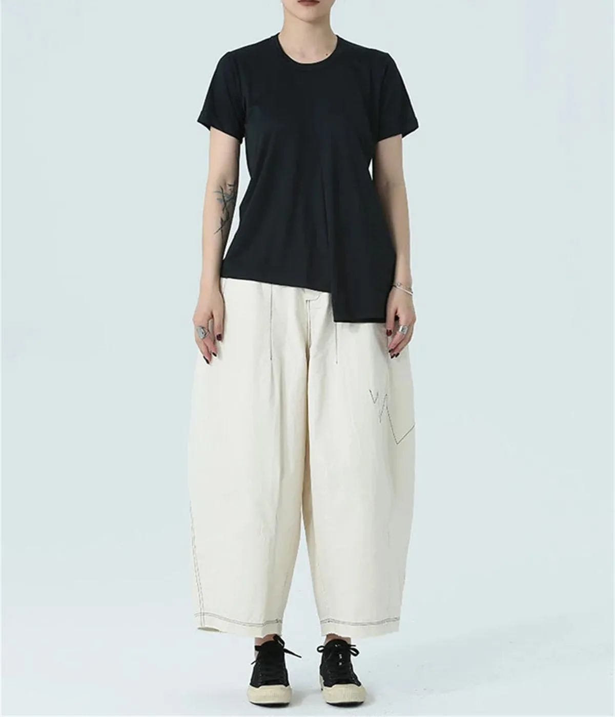 Womens Beige Topstitched Wide-Leg Pants High Elastic Waist Year-Round Office Trousers