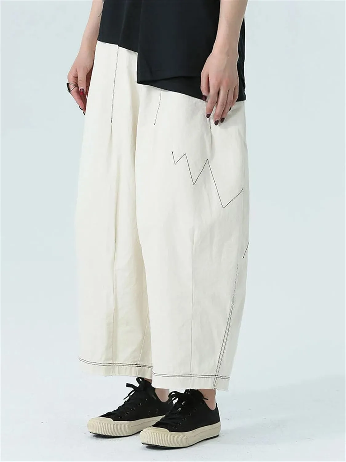 Womens Beige Topstitched Wide-Leg Pants High Elastic Waist Year-Round Office Trousers
