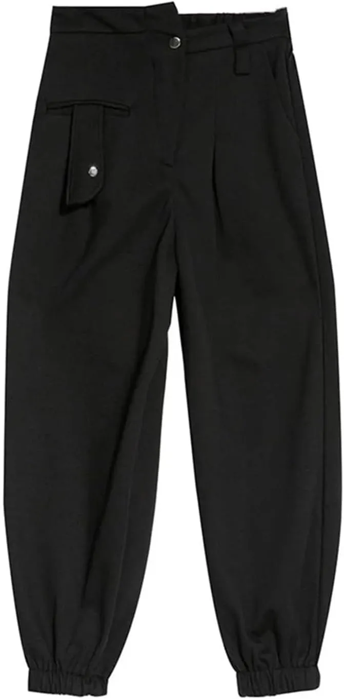 Womens Black Irregular Harem Pants High Elastic Waist Year-Round Streetwear Trousers