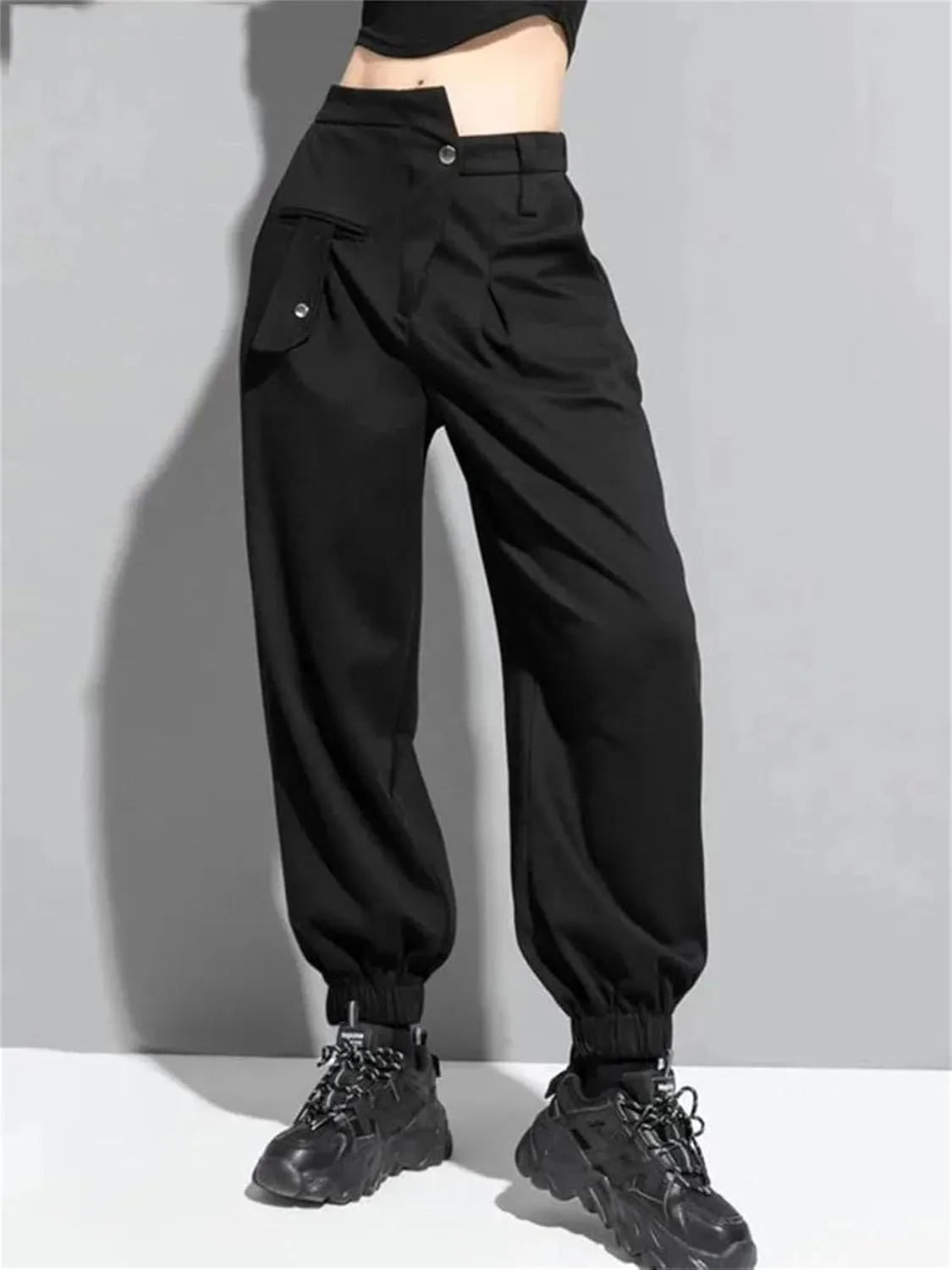 Womens Black Irregular Harem Pants High Elastic Waist Year-Round Streetwear Trousers
