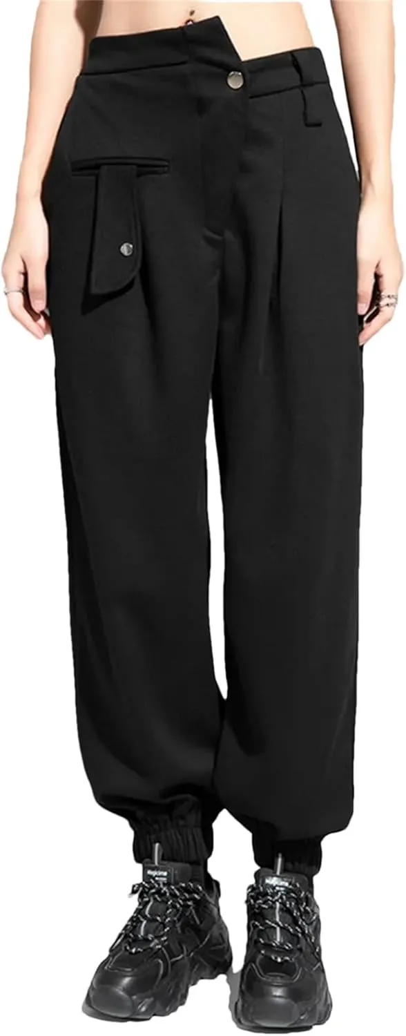 Womens Black Irregular Harem Pants High Elastic Waist Year-Round Streetwear Trousers