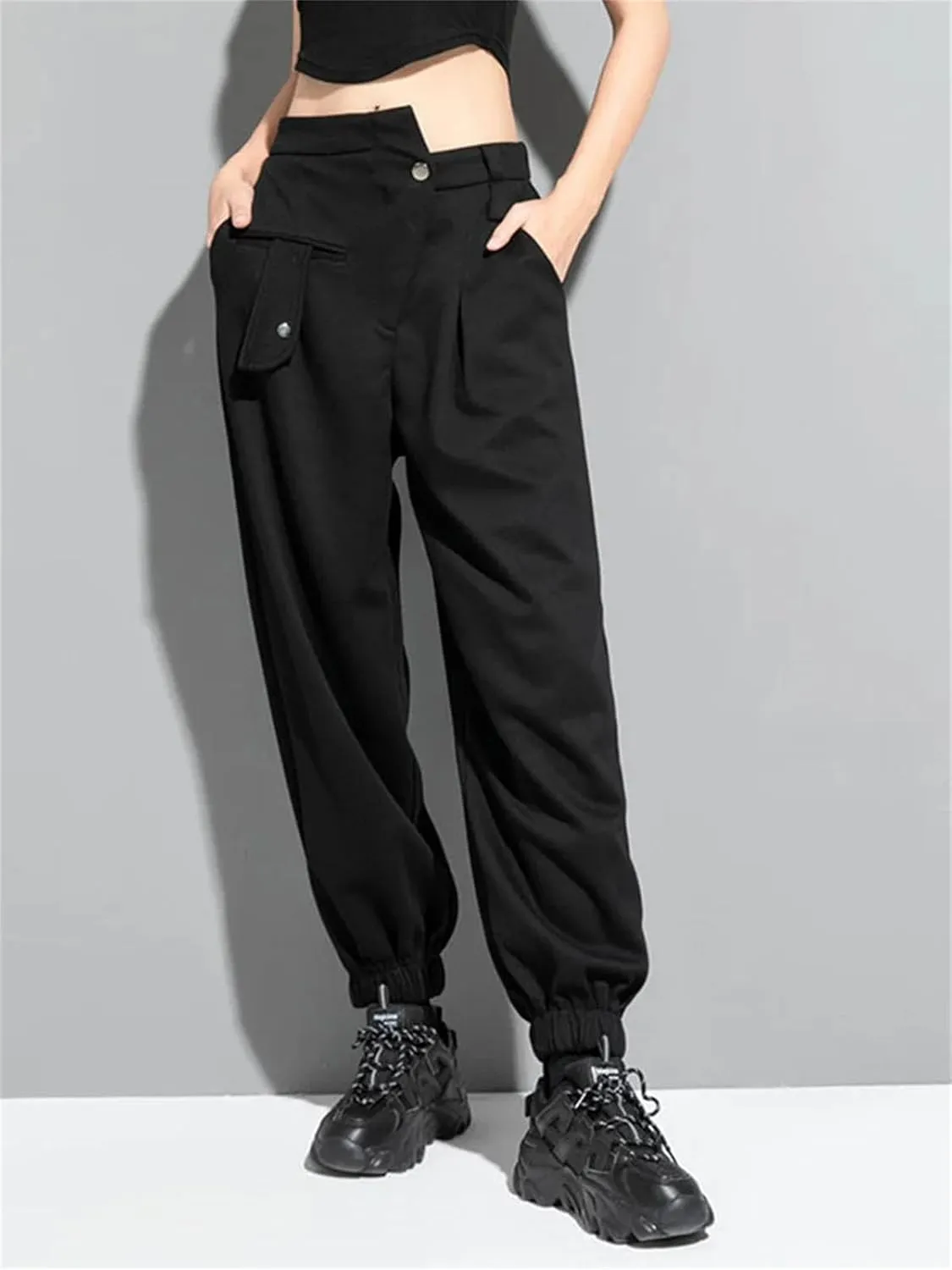 Womens Black Irregular Harem Pants High Elastic Waist Year-Round Streetwear Trousers