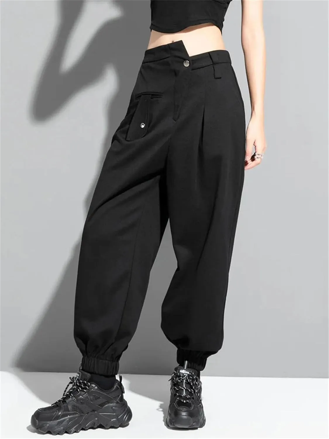 Womens Black Irregular Harem Pants High Elastic Waist Year-Round Streetwear Trousers