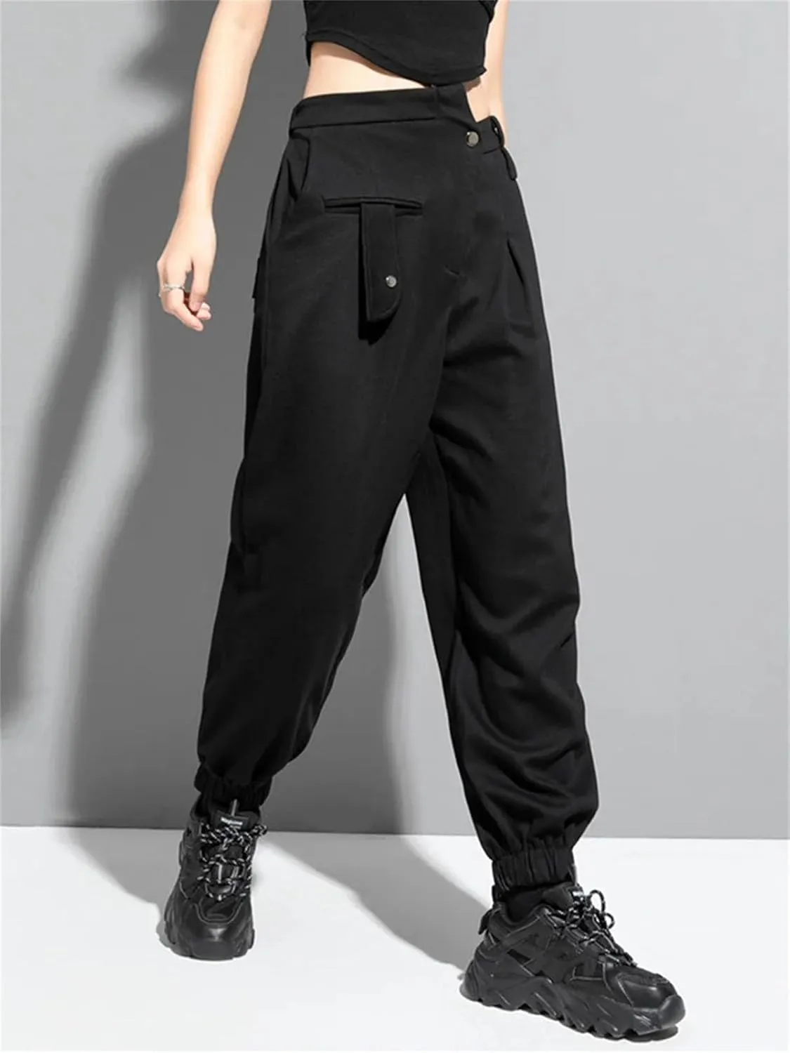 Womens Black Irregular Harem Pants High Elastic Waist Year-Round Streetwear Trousers