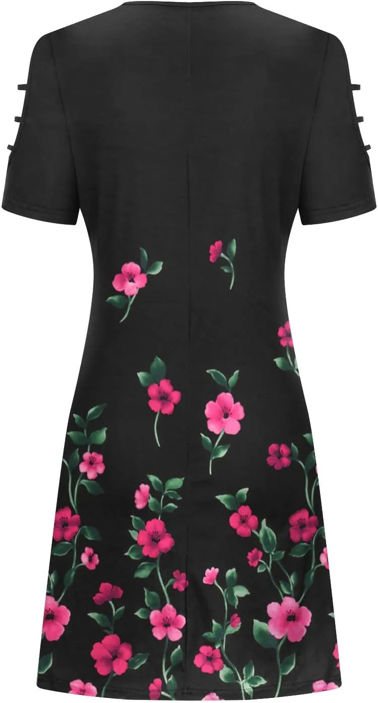 Womens Bohemian Floral Sundress Hollow Short Dresses Cold Shoulder Mini Dress Island Vacation Summer Outfits 2023