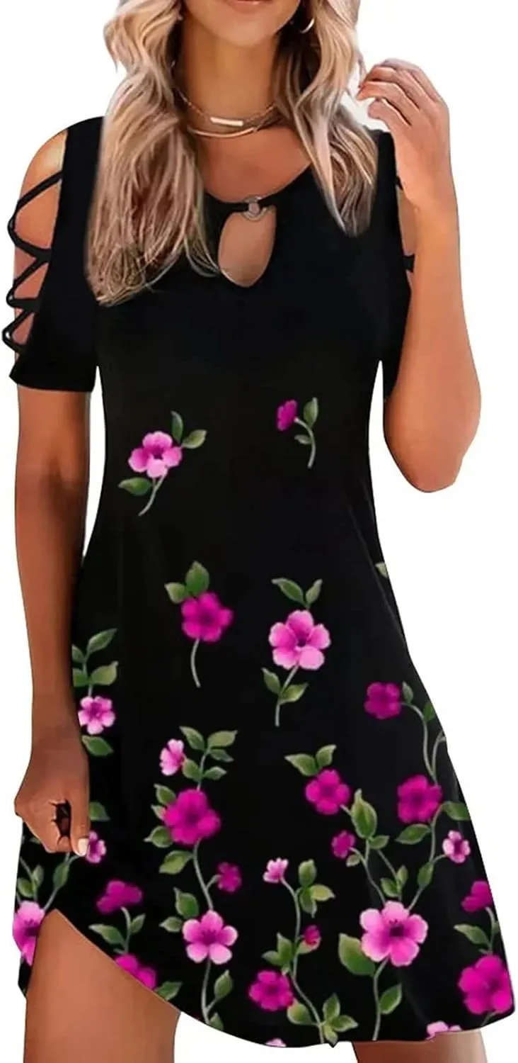 Womens Bohemian Floral Sundress Hollow Short Dresses Cold Shoulder Mini Dress Island Vacation Summer Outfits 2023