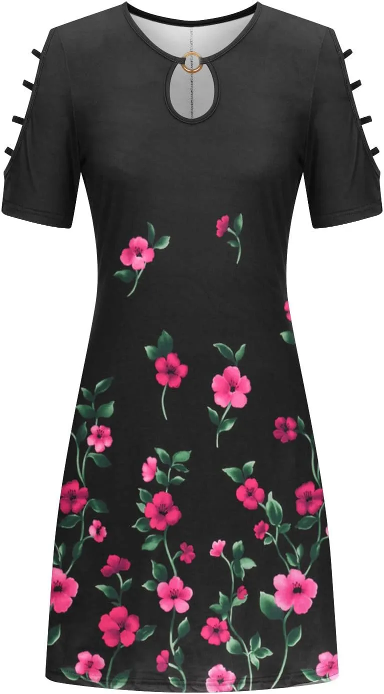 Womens Bohemian Floral Sundress Hollow Short Dresses Cold Shoulder Mini Dress Island Vacation Summer Outfits 2023