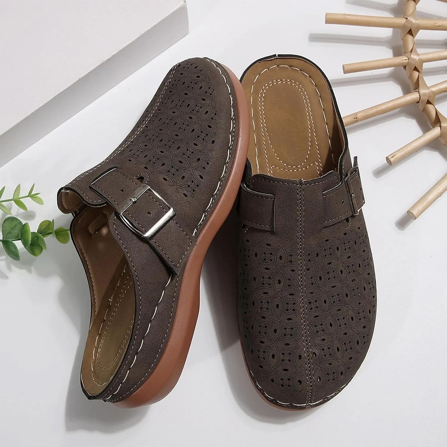 Women's Buckle Straps Slip on Clogs Chic Hollow Boho Mules Comfort Arch Support Footbed Sandals Summer Potato Shoes