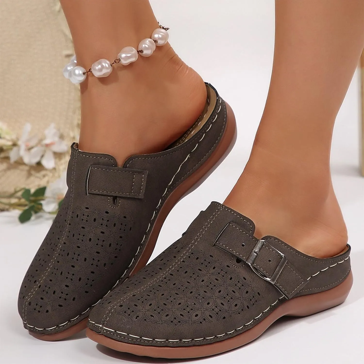 Women's Buckle Straps Slip on Clogs Chic Hollow Boho Mules Comfort Arch Support Footbed Sandals Summer Potato Shoes