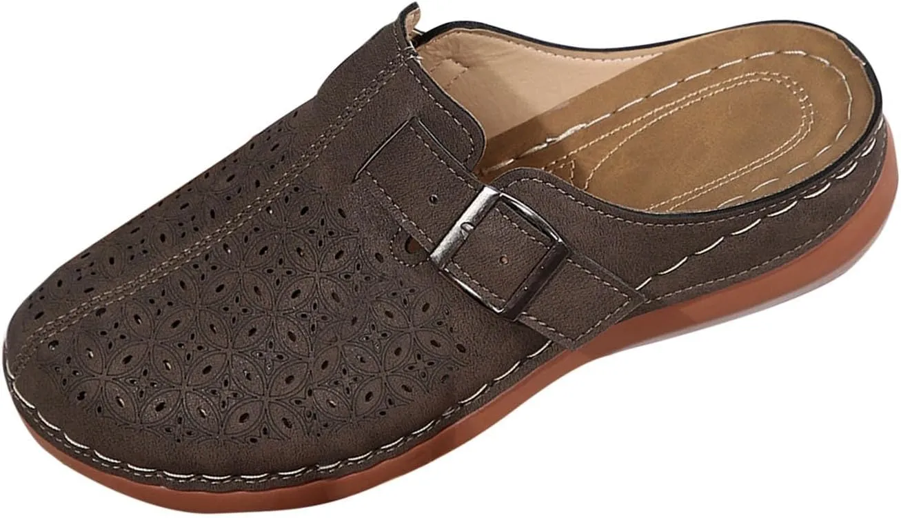 Women's Buckle Straps Slip on Clogs Chic Hollow Boho Mules Comfort Arch Support Footbed Sandals Summer Potato Shoes