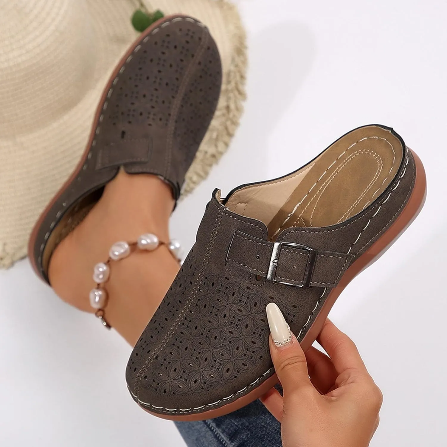 Women's Buckle Straps Slip on Clogs Chic Hollow Boho Mules Comfort Arch Support Footbed Sandals Summer Potato Shoes