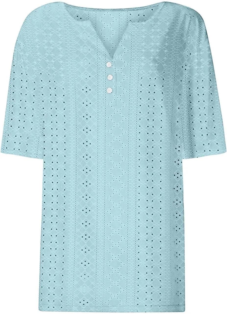 Women's Business Casual Tops Eyelet Henley Tunic Shirts Short Sleeve Buttons V Neck Boho Blouses Loose Fit Work Tees