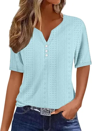 Women's Business Casual Tops Eyelet Henley Tunic Shirts Short Sleeve Buttons V Neck Boho Blouses Loose Fit Work Tees