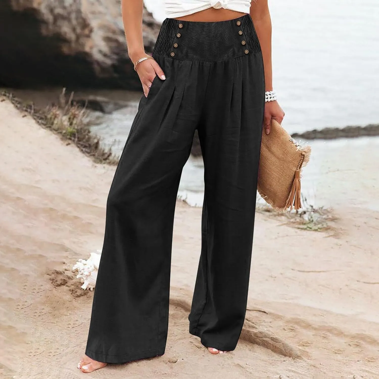 Womens Button Elastic Waisted Linen Trousers Summer Solid Color Casual with Pockets Outing Capris Length Pants 2025