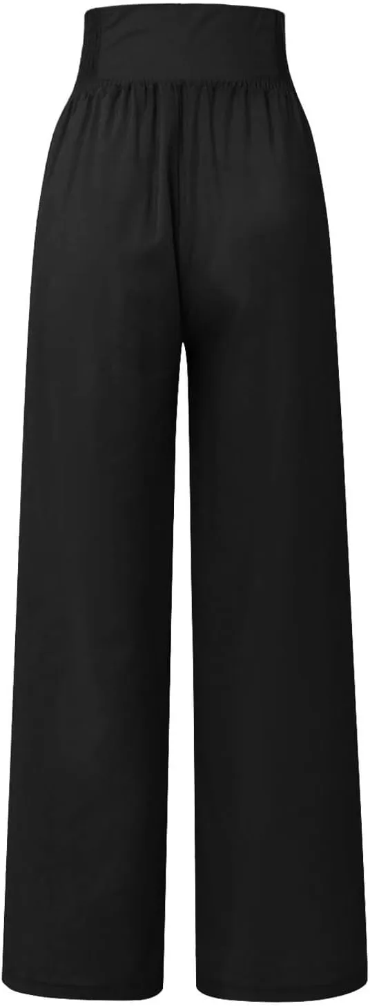 Womens Button Elastic Waisted Linen Trousers Summer Solid Color Casual with Pockets Outing Capris Length Pants 2025