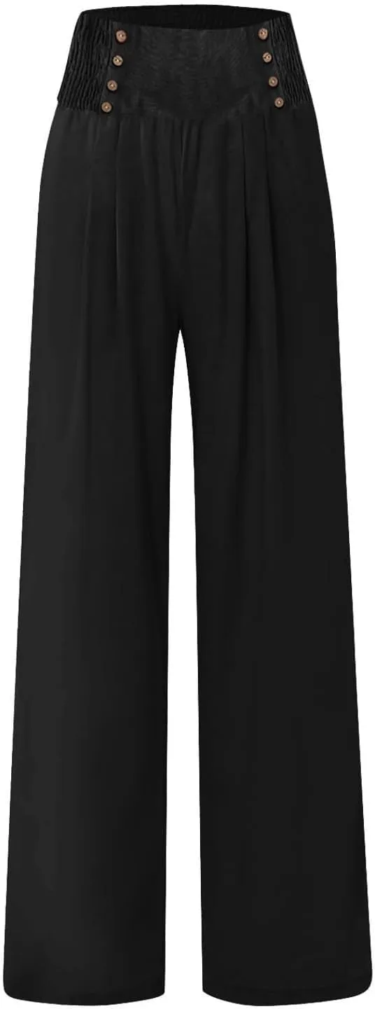 Womens Button Elastic Waisted Linen Trousers Summer Solid Color Casual with Pockets Outing Capris Length Pants 2025