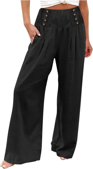 Womens Button Elastic Waisted Linen Trousers Summer Solid Color Casual with Pockets Outing Capris Length Pants 2025