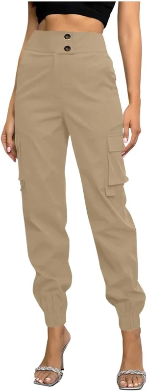 Women's Cargo Jogger Pants with Pockets Casual Button High Waist Slim Fit Workout Athletic Hiking Tapered Trousers